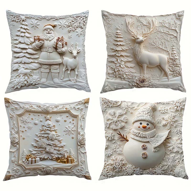đ Neue 4-teilige Weihnachts-KissenbezĂŒge Set â Santa, Schneemann, Tannenbaum & Rentier Motive fĂŒr Ihre Wohnzimmer-Dekoration