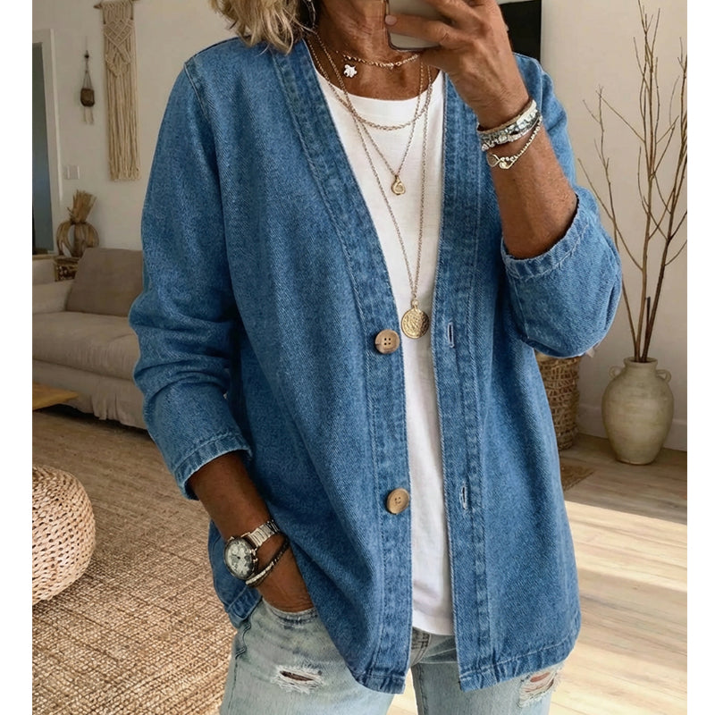 💥🧥 DONNERWETTER-ANGEBOT! 50% RABATT – 3 TAGE. Klassische Damen-Jeansjacke: V-Ausschnitt, Knopfleiste, lockerer Casual-Schnitt. Perfekt für jeden Look. Sofort sichern! 🌸✨
