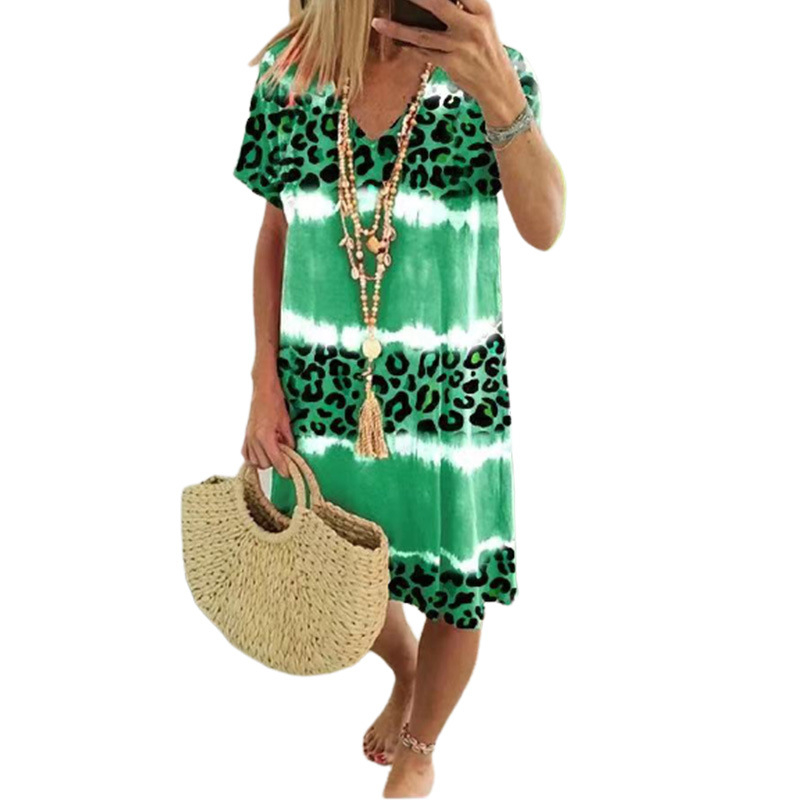 Damen Freizeitkleid mit Batik-Leopardenmuster und V-Ausschnitt