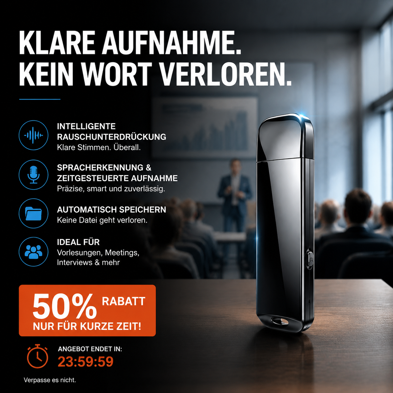 ⏳Zeitlich begrenztes Sonderangebot⏰Verschlüsselter USB-Diktierrekorder | Datenschutz & Rauschunterdrückung & Einfache Bedienung