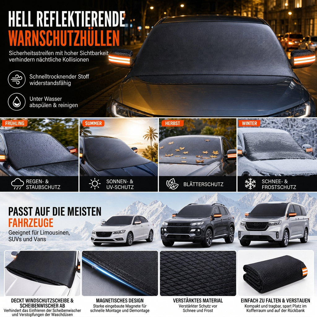 ⏳Time-Limited Special⏰ Verdickte magnetische Sonnenblende und Schneeabdeckung für die Autowindschutzscheibe, wasserdichte halbe Autoabdeckung mit reflektierenden Streifen🚗