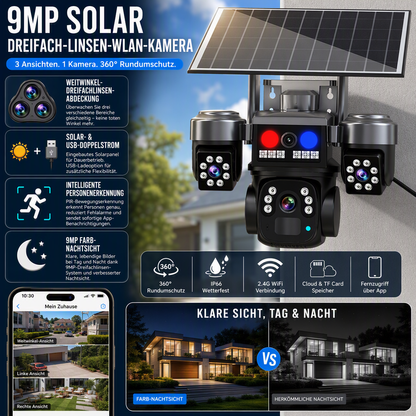 🔋 50 % Rabatt – Kabellose Solar-Überwachungskamera – 3 Linsen, 3 Bilder gleichzeitig, Nachtsicht, IP66 – perfekt für Haus, Hof & Grundstück ☀️