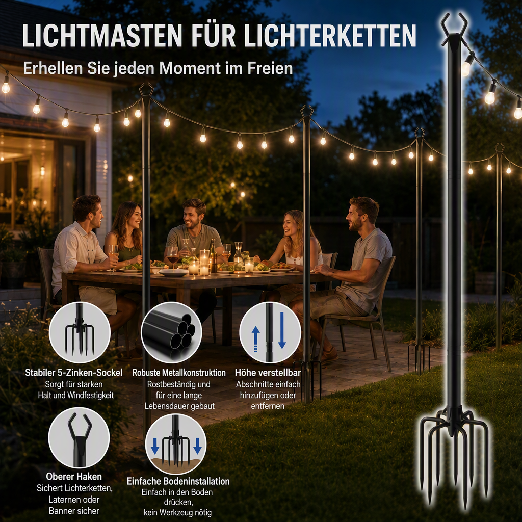 ✨ Outdoor-Mast für Lichterketten – Sicherer Halt für Gartenzauber! 🎉 Höhenverstellbar, robustes Metall, 5-Zacken-Sockel, oberer Haken ⚡ Limitiertes Angebot ⏳