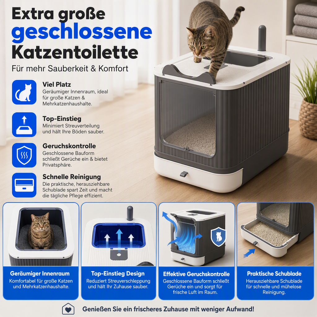 🔥 50 % Rabatt! Geschlossene Katzentoilette mit Geruchskontrolle – weniger Schmutz und Schluss mit verstreuter Streu! 🐾 Geschlossenes Design mit Einstieg von oben für einfache Reinigung 🧹 Zeitlich begrenztes Angebot ⏰