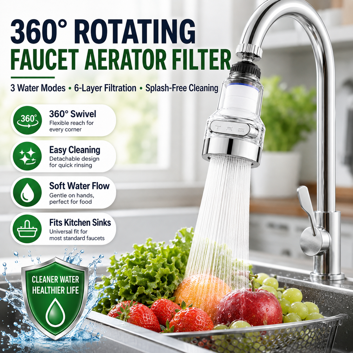 🚰50 % Rabatt 🔥Wasserhahnfilter-Aufsatz mit 360°-Drehung und 3 Sprühmodi