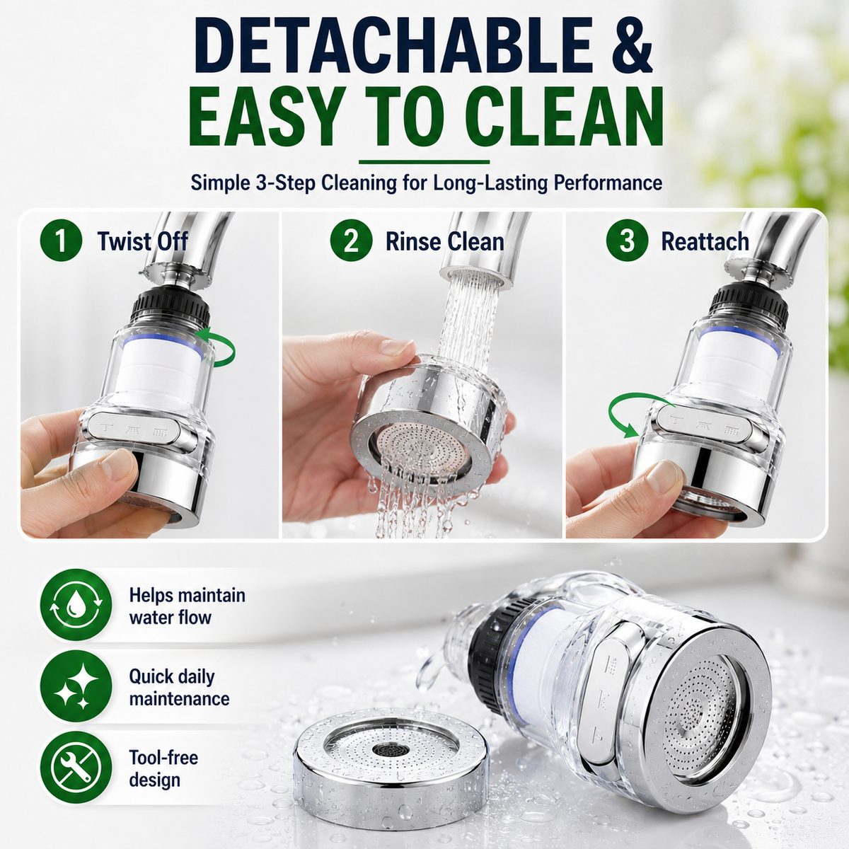 🚰50 % Rabatt 🔥Wasserhahnfilter-Aufsatz mit 360°-Drehung und 3 Sprühmodi