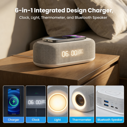 🌞🔋6-in-1 Kabellose Ladestation 25W: Wecker, Bluetooth-Lautsprecher & Nachtlicht🌙✨Alles für deinen Nachttisch!