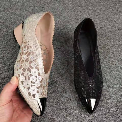👡Slipper aus Mesh mit Kristallen und dickem Absatz