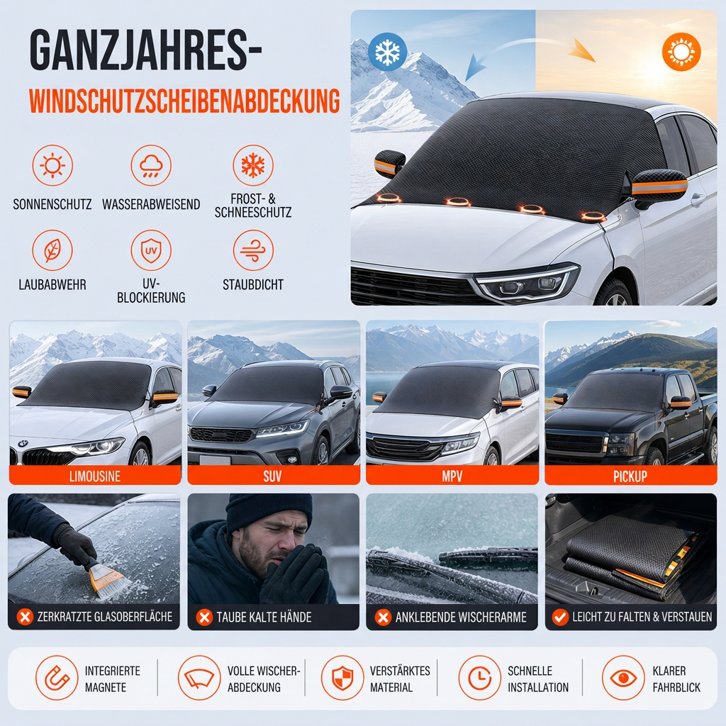 ⏳Time-Limited Special⏰ Verdickte magnetische Sonnenblende und Schneeabdeckung für die Autowindschutzscheibe, wasserdichte halbe Autoabdeckung mit reflektierenden Streifen🚗