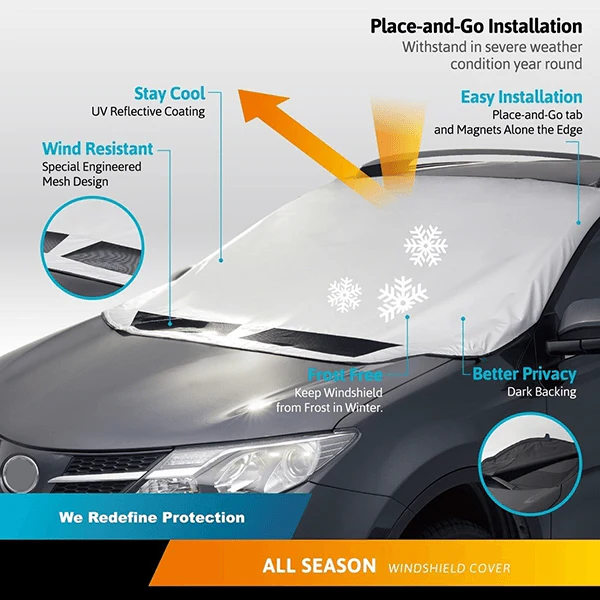 ⏳Time-Limited Special⏰ Verdickte magnetische Sonnenblende und Schneeabdeckung für die Autowindschutzscheibe, wasserdichte halbe Autoabdeckung mit reflektierenden Streifen🚗