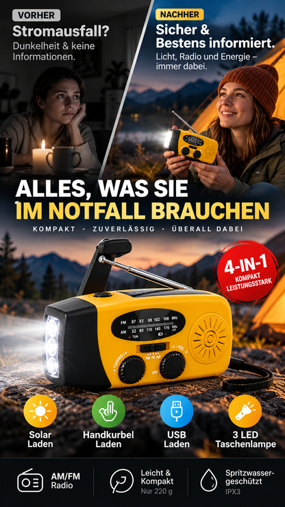 📻 50 % Rabatt ! Solar-Kurbelradio für Notfall & Outdoor – Nie ohne Strom und Empfang! 🔦 Solar & Handkurbel, helle LED-Taschenlampe, USB-Notladung 🔋