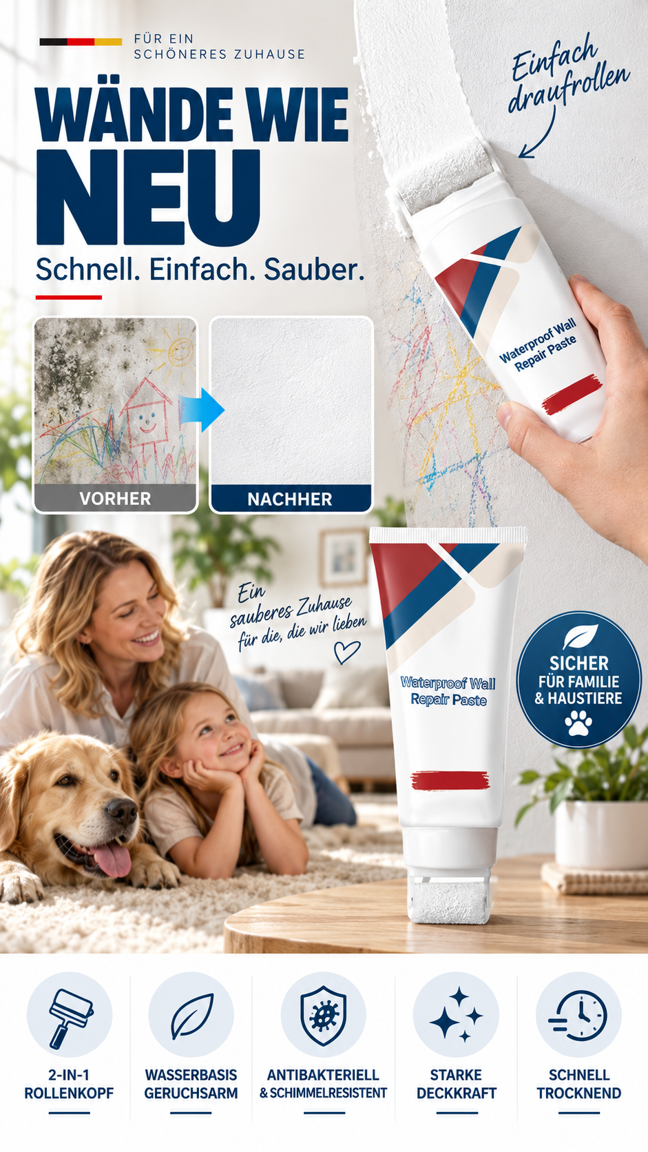 🧱🖌️✨ JETZT 50 % RABATT! Wasserfeste Wandausbesserungspaste mit integrierter kleiner Walzbürste – revolutionäre All-in-One-Lösung für einfaches, kleckerfreies Auftragen und langanhaltende Ergebnisse 🏠