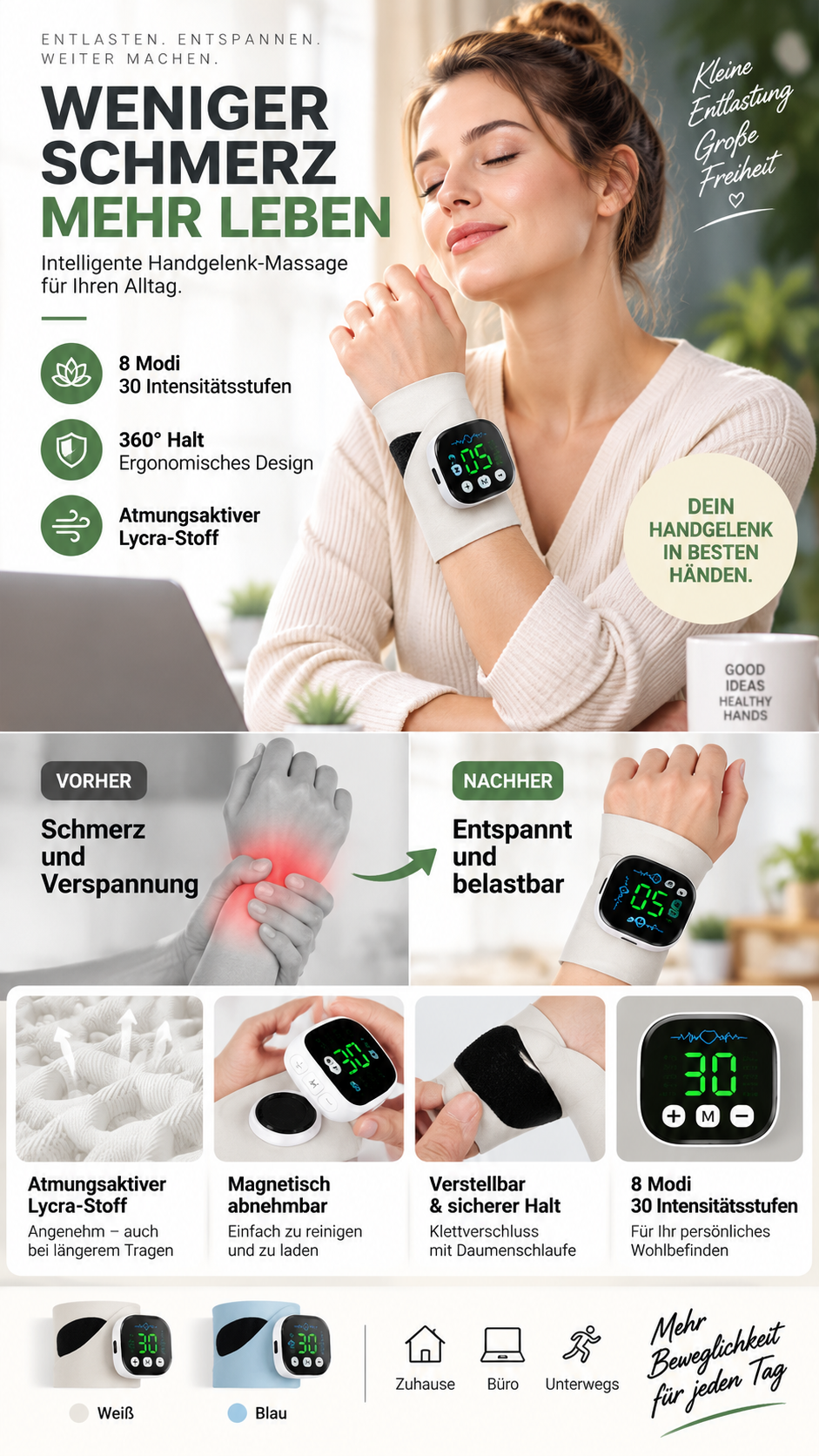 📢📢50 % Rabatt!! 🔥🎁 Praktisches Handgelenk-Massagegerät | Leicht tragbar, atmungsaktiv, 8 Massageprogramme – Löst Handgelenkschmerzen zu Hause & Büro