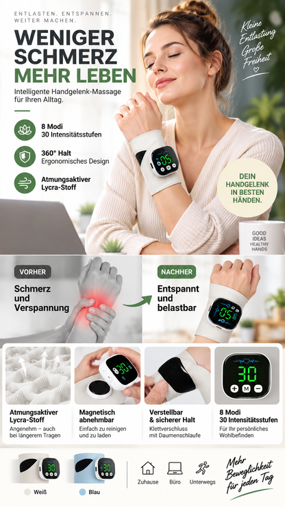 📢📢50 % Rabatt!! 🔥🎁 Praktisches Handgelenk-Massagegerät | Leicht tragbar, atmungsaktiv, 8 Massageprogramme – Löst Handgelenkschmerzen zu Hause & Büro