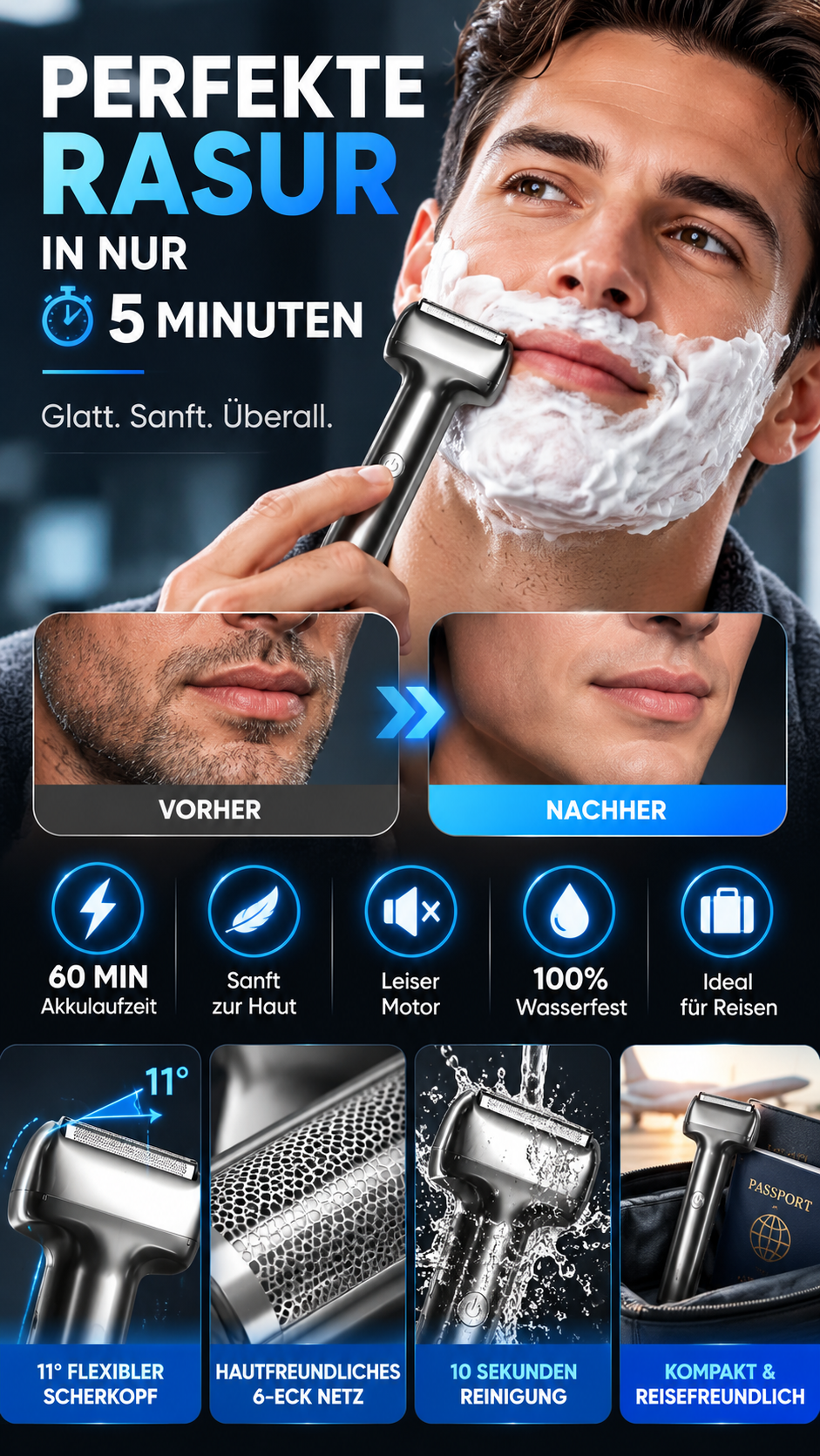 💥 50 % Rabatt ! Wiederaufladbarer Folien-Elektrorasierer für Herren – 60 Minuten Akkulaufzeit, IPX6 wasserfest, flüsterleiser Betrieb für empfindliche Haut-Gcom