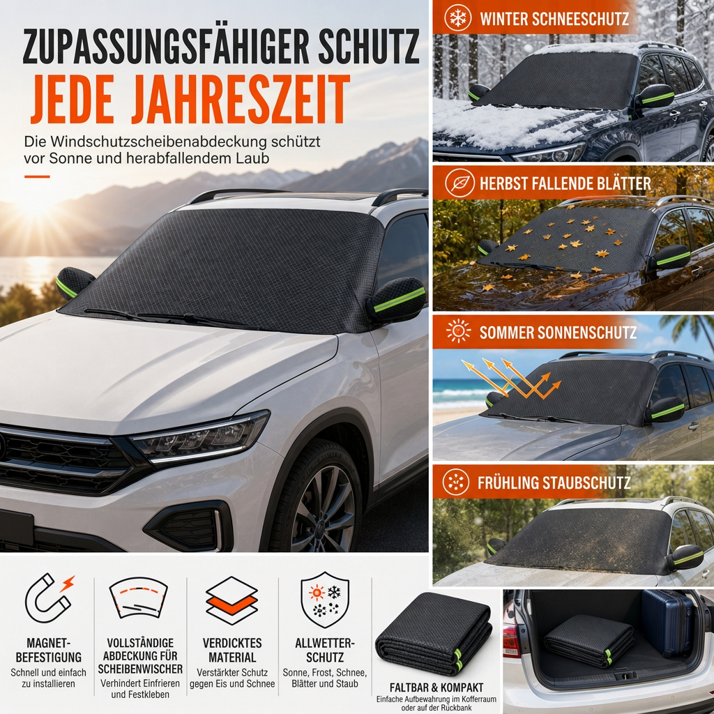 ⏳Time-Limited Special⏰ Verdickte magnetische Sonnenblende und Schneeabdeckung für die Autowindschutzscheibe, wasserdichte halbe Autoabdeckung mit reflektierenden Streifen🚗
