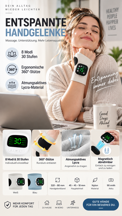 📢📢50 % Rabatt!! 🔥🎁 Praktisches Handgelenk-Massagegerät | Leicht tragbar, atmungsaktiv, 8 Massageprogramme – Löst Handgelenkschmerzen zu Hause & Büro