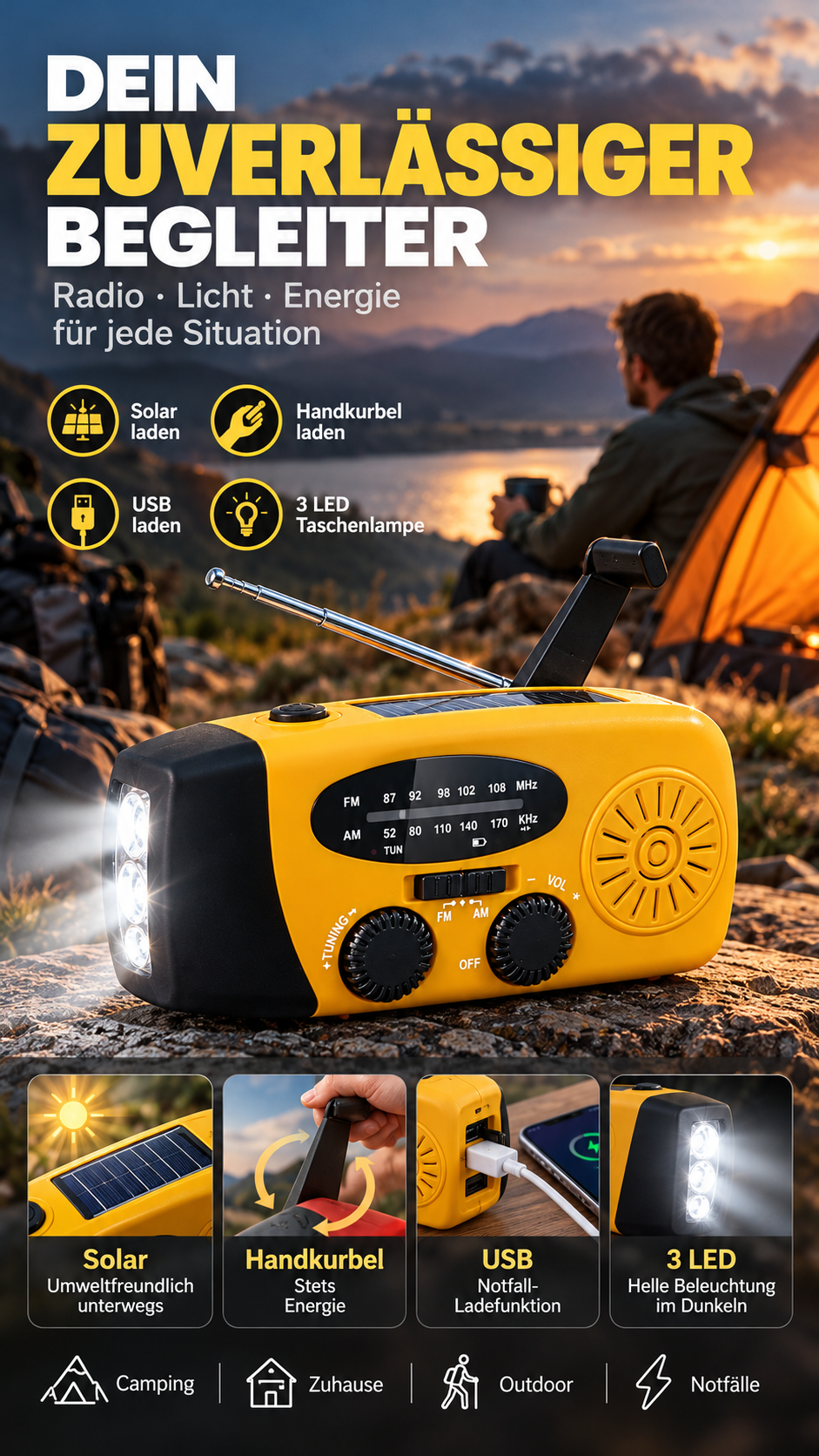 📻 50 % Rabatt ! Solar-Kurbelradio für Notfall & Outdoor – Nie ohne Strom und Empfang! 🔦 Solar & Handkurbel, helle LED-Taschenlampe, USB-Notladung 🔋