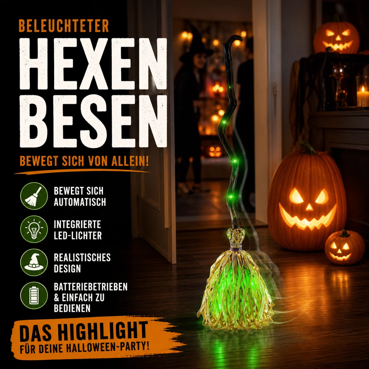 💥 50 % Rabatt ! Halloween Hexenbesen mit Lauflicht & Gruselgeräuschen – Kein Aufwand, voller Schrecken! 🧹 Überall aufstellbar, bewegt sich selbst, leuchtet grün ⚡ Limitiertes Angebot ⏳