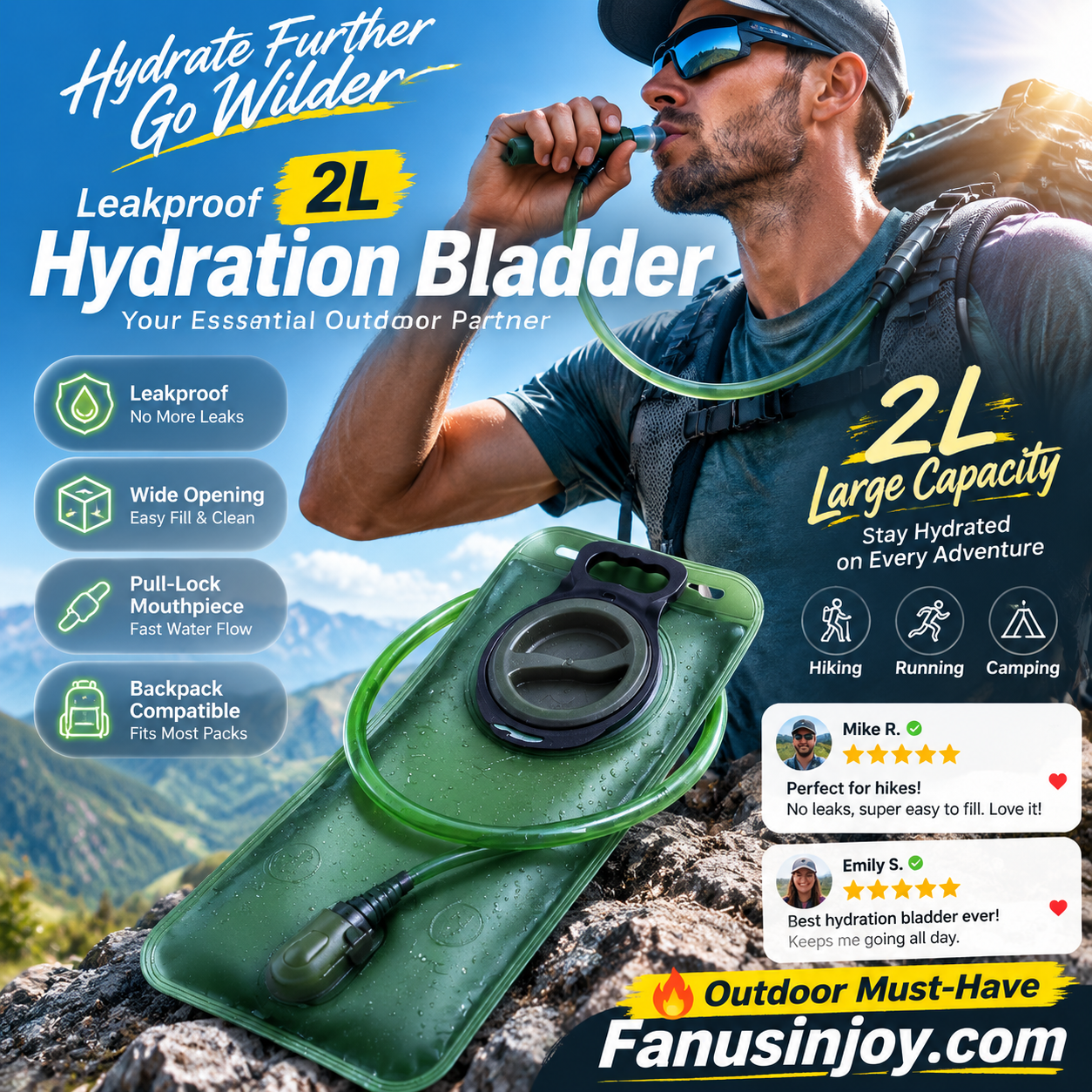 🔥50% Überraschungsrabatt！🏕️Jederzeit und überall hydratisieren！💦2L Trinkblase mit Schnellverschluss-Schlauch