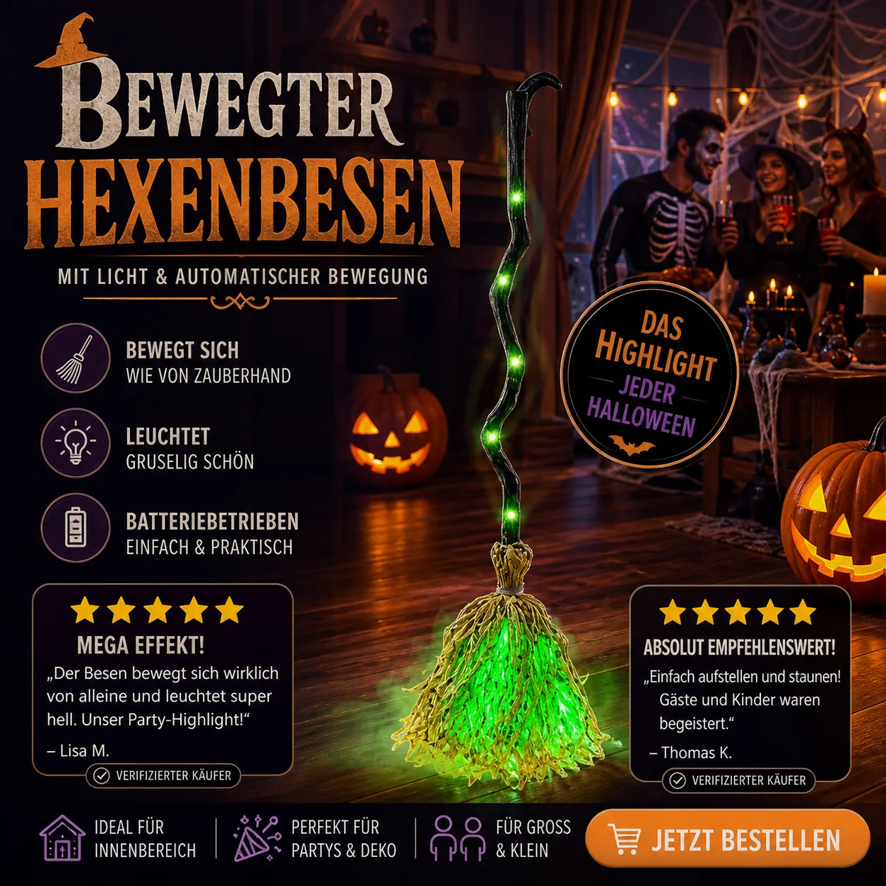 💥 50 % Rabatt ! Halloween Hexenbesen mit Lauflicht & Gruselgeräuschen – Kein Aufwand, voller Schrecken! 🧹 Überall aufstellbar, bewegt sich selbst, leuchtet grün ⚡ Limitiertes Angebot ⏳