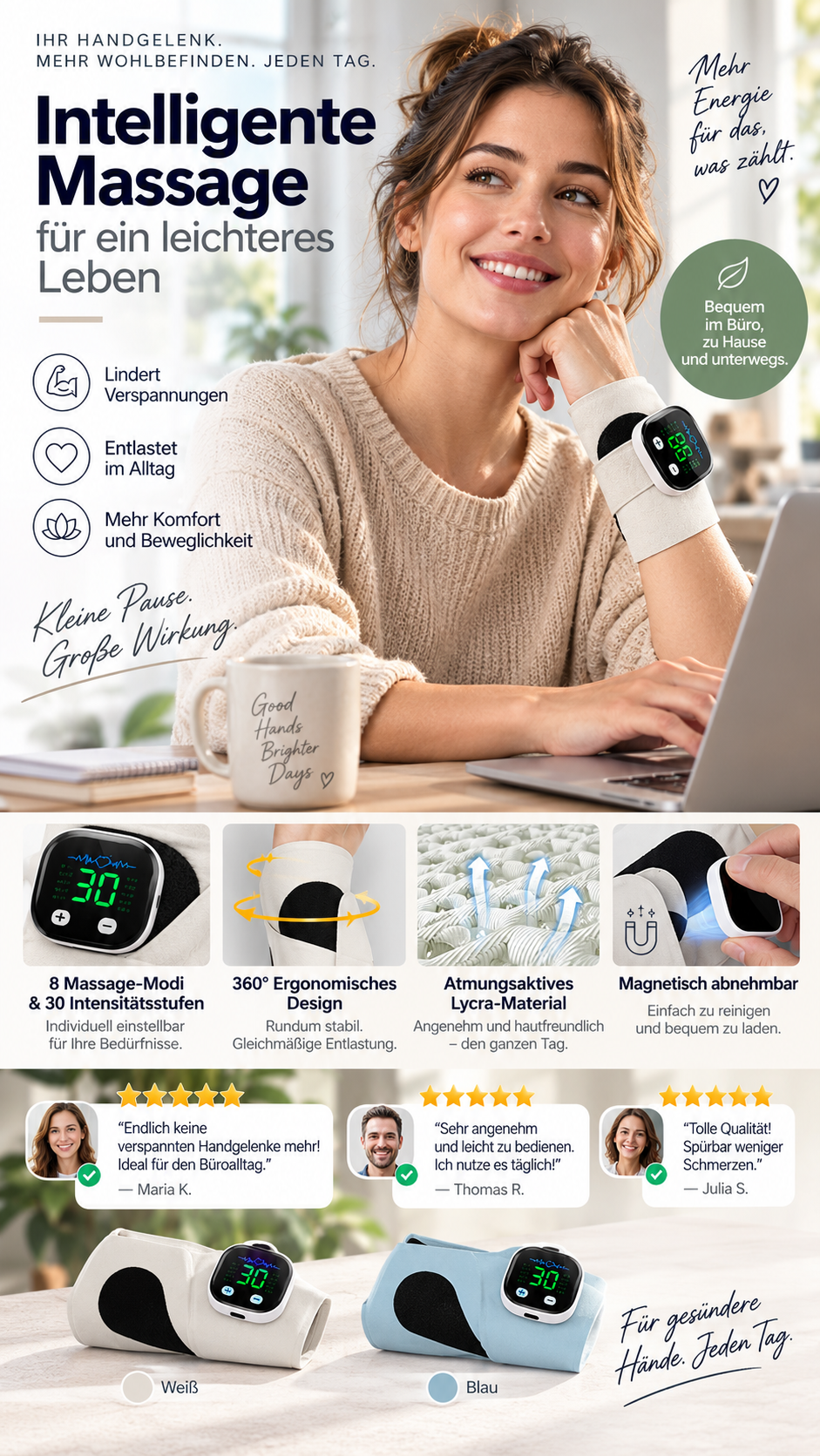 📢📢50 % Rabatt!! 🔥🎁 Praktisches Handgelenk-Massagegerät | Leicht tragbar, atmungsaktiv, 8 Massageprogramme – Löst Handgelenkschmerzen zu Hause & Büro
