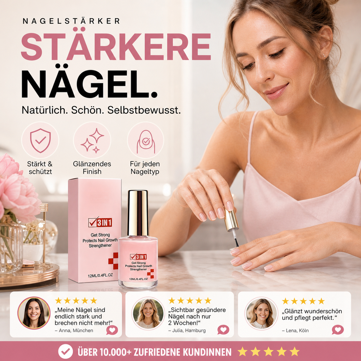 💥 50% Rabatt! 💅 Nagelverstärker – stärkt brüchige Nägel, kaschiert Rillen, hochglänzender Finish. 12 ml. Sanfte Formel für alle Nageltypen. Inklusive Pflegeanleitung ✨