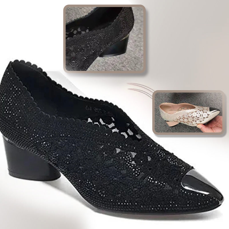 👡Slipper aus Mesh mit Kristallen und dickem Absatz