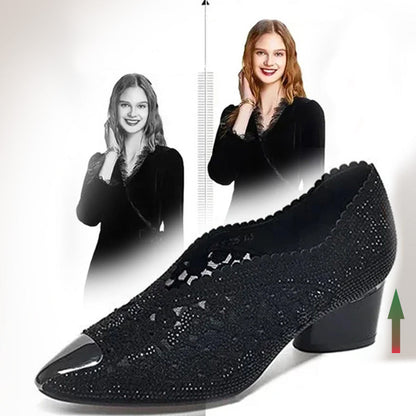 👡Slipper aus Mesh mit Kristallen und dickem Absatz