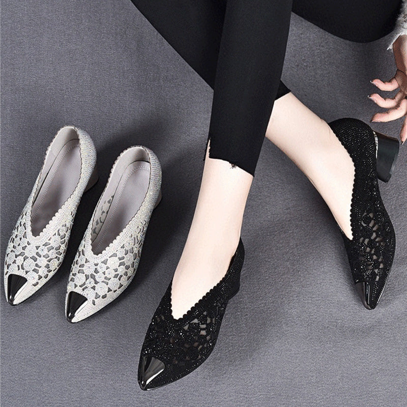 👡Slipper aus Mesh mit Kristallen und dickem Absatz