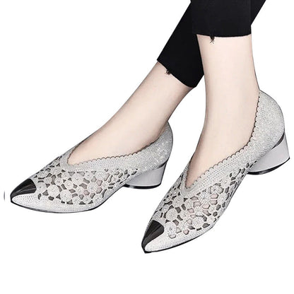 👡Slipper aus Mesh mit Kristallen und dickem Absatz