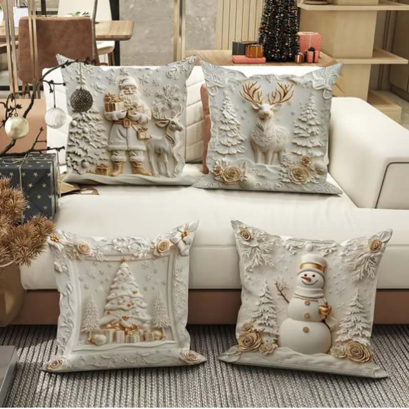 🎄 Neue 4-teilige Weihnachts-Kissenbezüge Set – Santa, Schneemann, Tannenbaum & Rentier Motive für Ihre Wohnzimmer-Dekoration