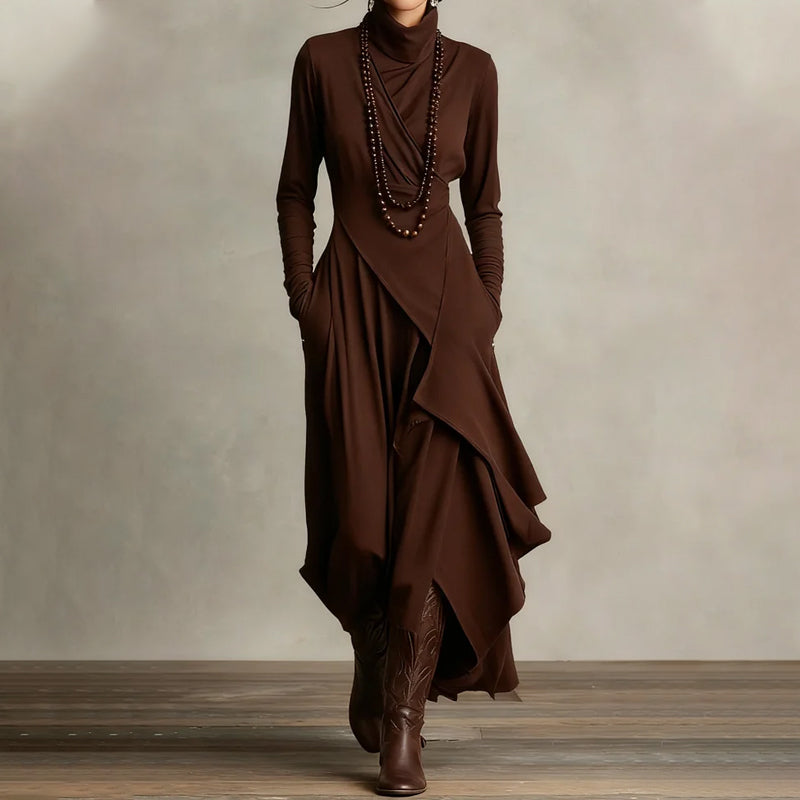 💖Black-Friday-Mega-Angebot – 50 % Rabatt!💖Damen elegantes Maxikleid mit hohem Kragen und asymmetrischer Drapierung
