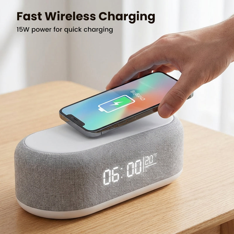 🌞🔋6-in-1 Kabellose Ladestation 25W: Wecker, Bluetooth-Lautsprecher & Nachtlicht🌙✨Alles für deinen Nachttisch!