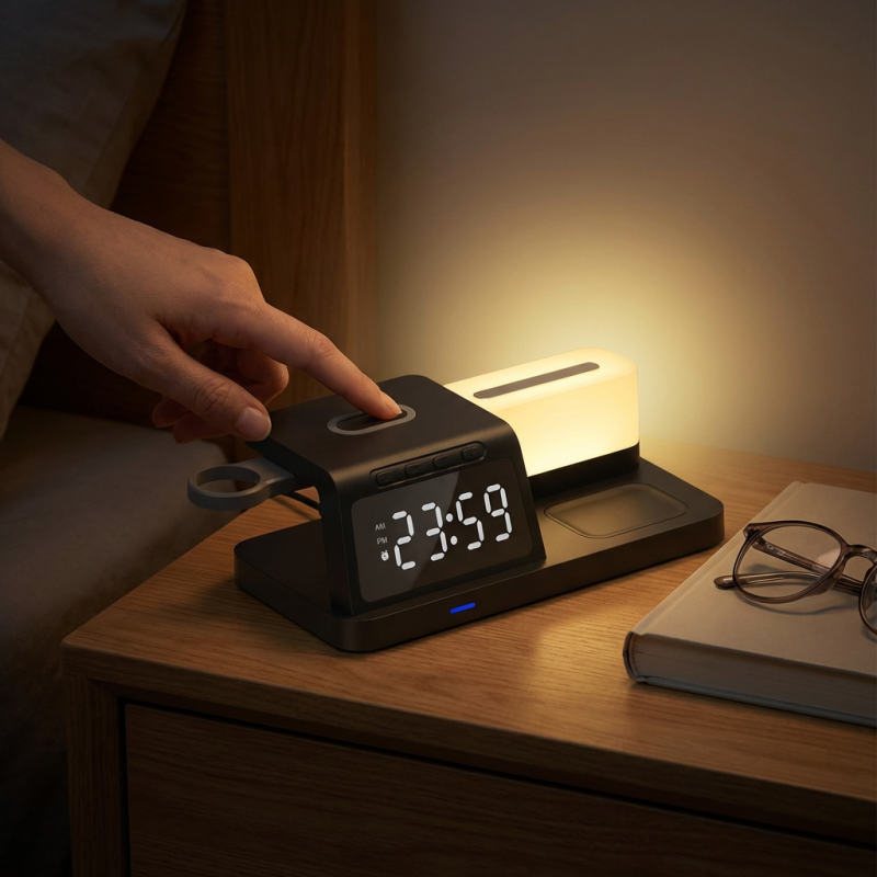5-in-1 Kabellose Ladestation mit Uhr und Nachtlicht