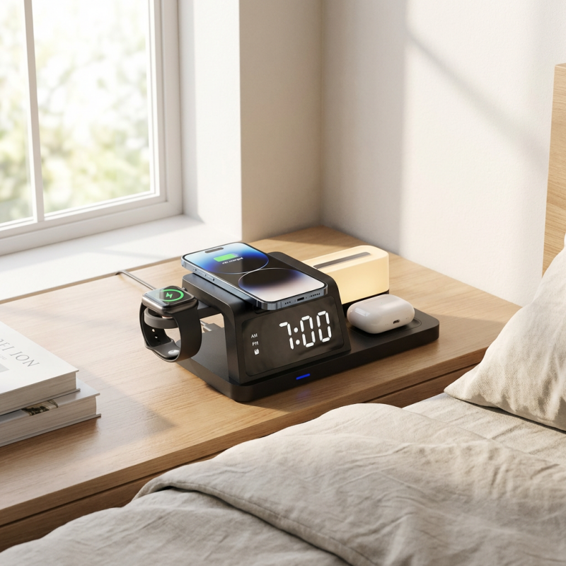 5-in-1 Kabellose Ladestation mit Uhr und Nachtlicht