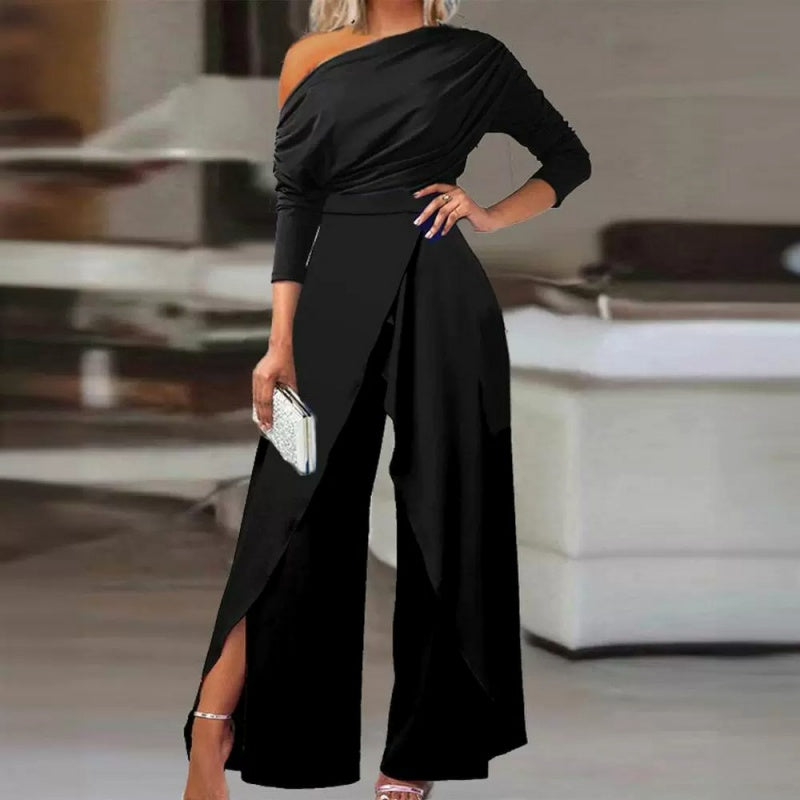 👗 Elegante Ein-Schulter-Jumpsuit für Damen – Weite Beine, Wickelrock-Design & Atmungsaktiv – Für Cocktailpartys & Hochzeiten