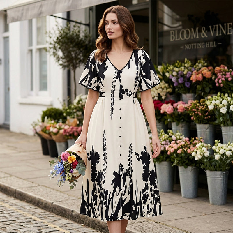 👗 50% RABATT! 🌿 Elegantes Botanisch Bedrucktes V-Ausschnitt-Midikleid – Leicht, Vielseitig & Perfekt Für Jeden Anlass 🌸