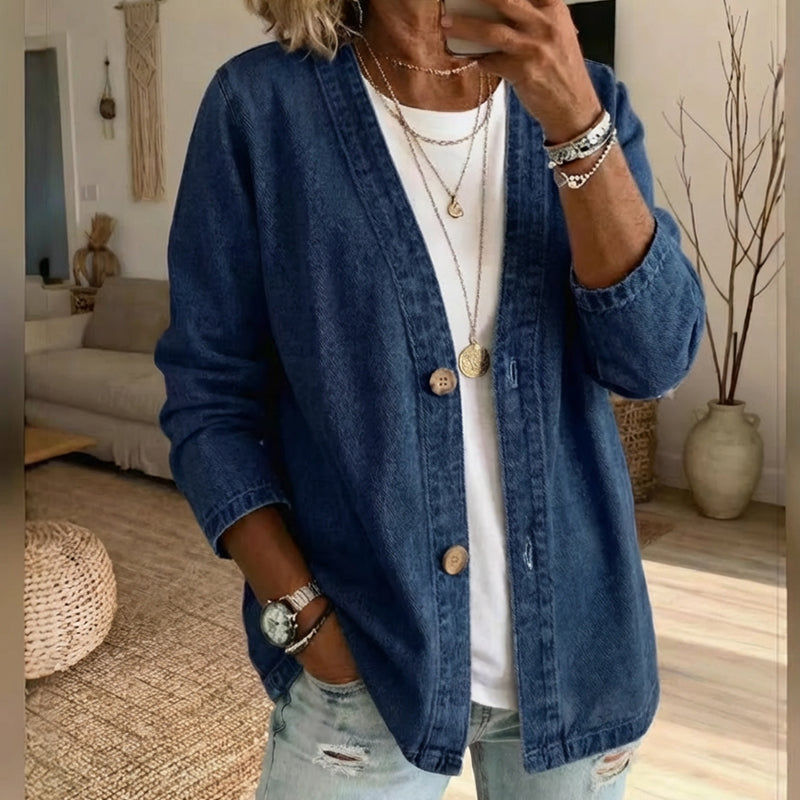 💥🧥 DONNERWETTER-ANGEBOT! 50% RABATT – 3 TAGE. Klassische Damen-Jeansjacke: V-Ausschnitt, Knopfleiste, lockerer Casual-Schnitt. Perfekt für jeden Look. Sofort sichern! 🌸✨