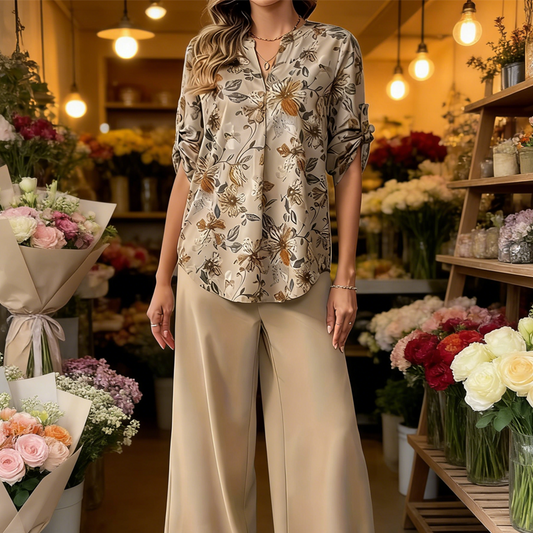 🎁Neu eingetroffen – 50 % Rabatt💥2-teiliges Set für Damen: Bluse mit Blumenmuster und Hose mit weitem Bein