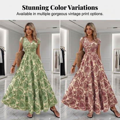 🏖️Sommer-Schnäppchen: 60 % Rabatt!!💃Maxikleid mit V-Ausschnitt, gerafftem Blumenmuster – Leichtes Baumwollmischgewebe, ein Must-have für den Sommer