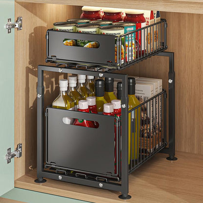 💪🥫 BLITZANGEBOT 50% RABATT! Doppelstöckiges Ausziehregal Schrankorganizer – 5 Höhenstufen, 2 Ebenen, Kohlenstoffstahl, Große Kapazität, Keine Montage ✨