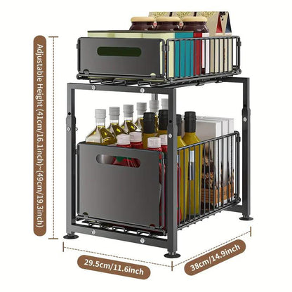 💪🥫 BLITZANGEBOT 50% RABATT! Doppelstöckiges Ausziehregal Schrankorganizer – 5 Höhenstufen, 2 Ebenen, Kohlenstoffstahl, Große Kapazität, Keine Montage ✨