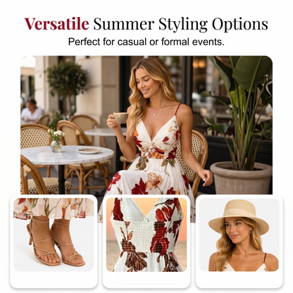 💃 Neuheiten 50% RABATT💥 Damen Bedrucktes Trägerkleid Maxikleid – V-Ausschnitt, verstellbare Träger & fließende A-Linie. Ein zeitloses, feminines Stück für warme Tage 🌿