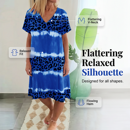 Damen Freizeitkleid mit Batik-Leopardenmuster und V-Ausschnitt