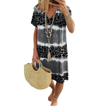Damen Freizeitkleid mit Batik-Leopardenmuster und V-Ausschnitt