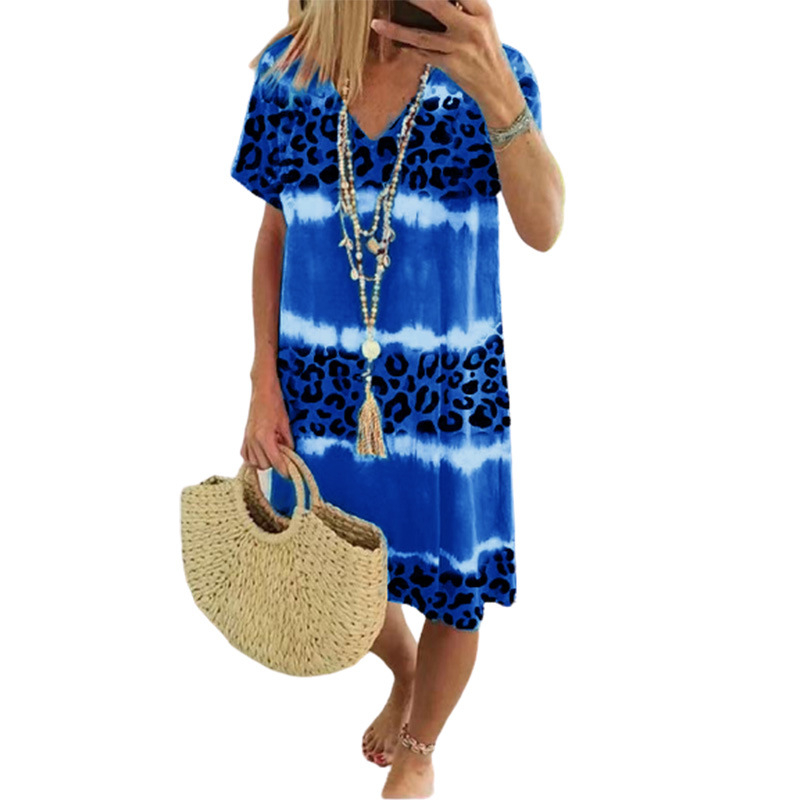 Damen Freizeitkleid mit Batik-Leopardenmuster und V-Ausschnitt