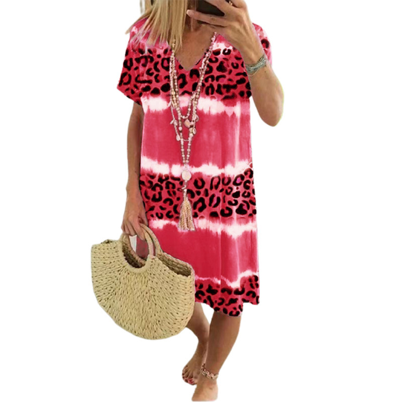 Damen Freizeitkleid mit Batik-Leopardenmuster und V-Ausschnitt