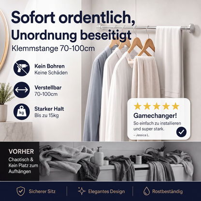🔧 JETZT 50 % RABATT! 📏 Verstellbare Spannstange ohne Bohren – Werkzeugfreie Montage, starker Halt & vielseitig einsetzbar – Schafft sofortigen Stauraum überall und jederzeit 🏠