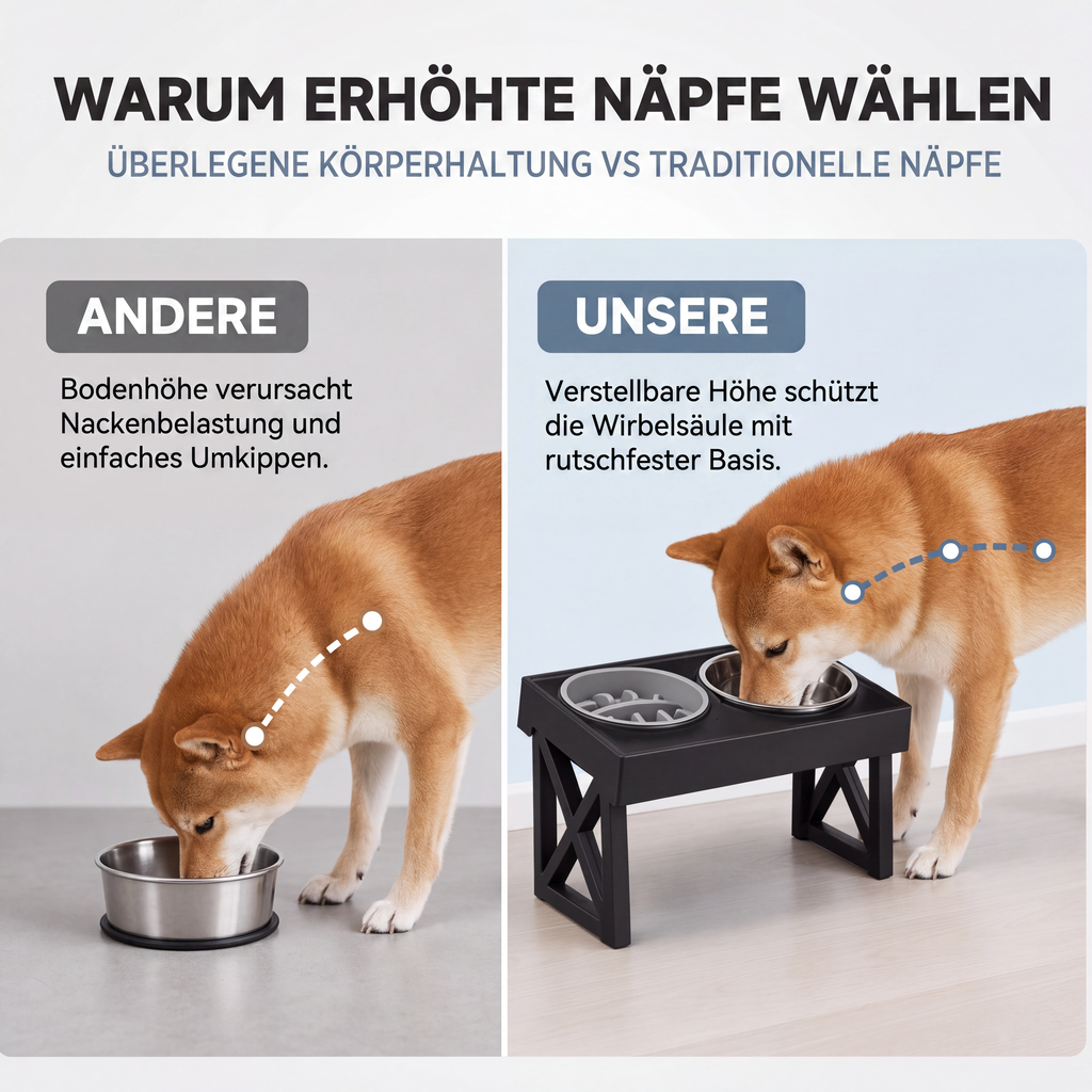 🐶 50 % Rabatt !🐱Erhöhte Hundenäpfe mit Slow-Feeder-Einsatz und Edelstahlnäpfen